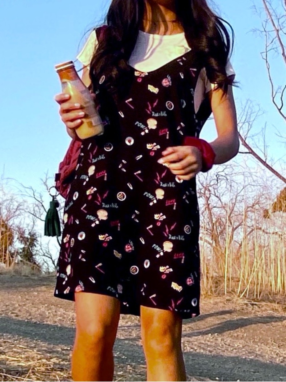Black Patterned Slip Dress with Pink & Cream Accents